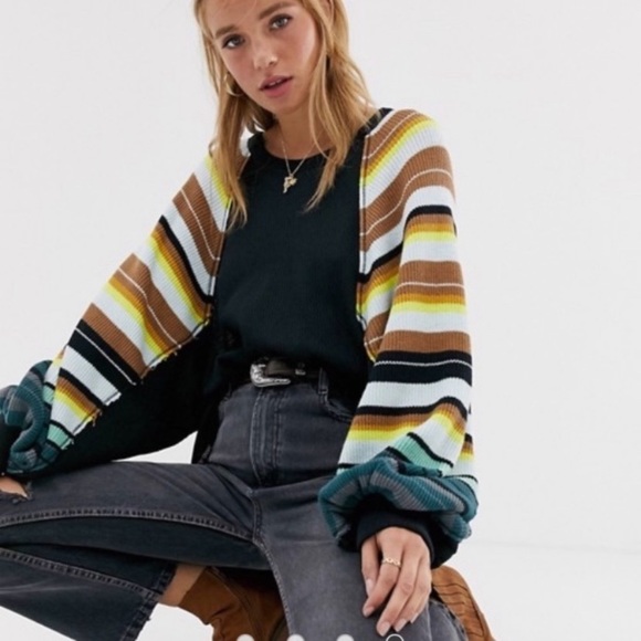 🌈NWT🌈 FP Black Rainbow Stripe Balloon Sleeve Top - Picture 7 of 15